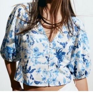 H&M Linen Blend Couquette Girl Feminine Floral Blue White Crop Top 3/4 Sleeve S
